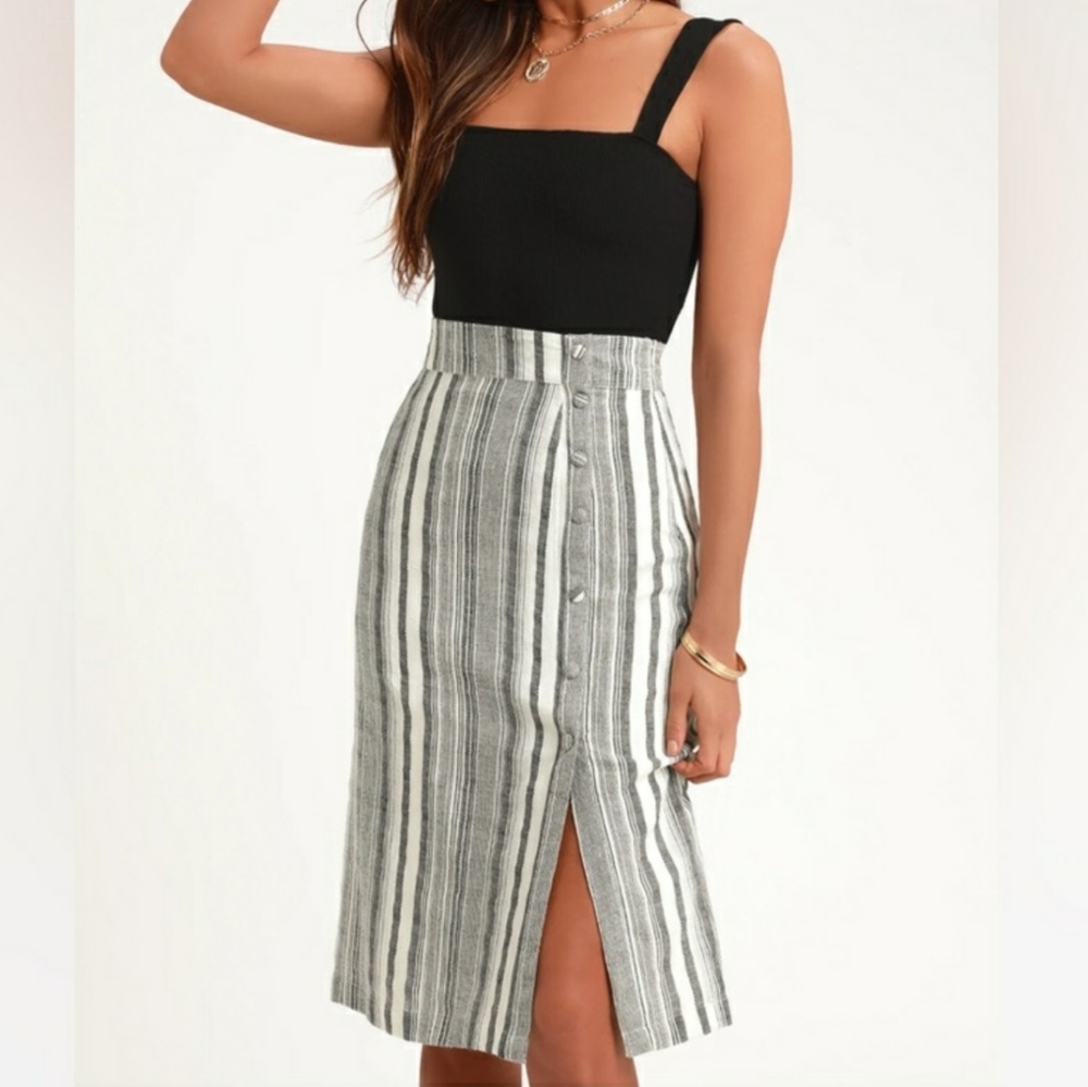 Lulus Sabine Gray White Striped Button Front Midi Skirt Front Slit Small